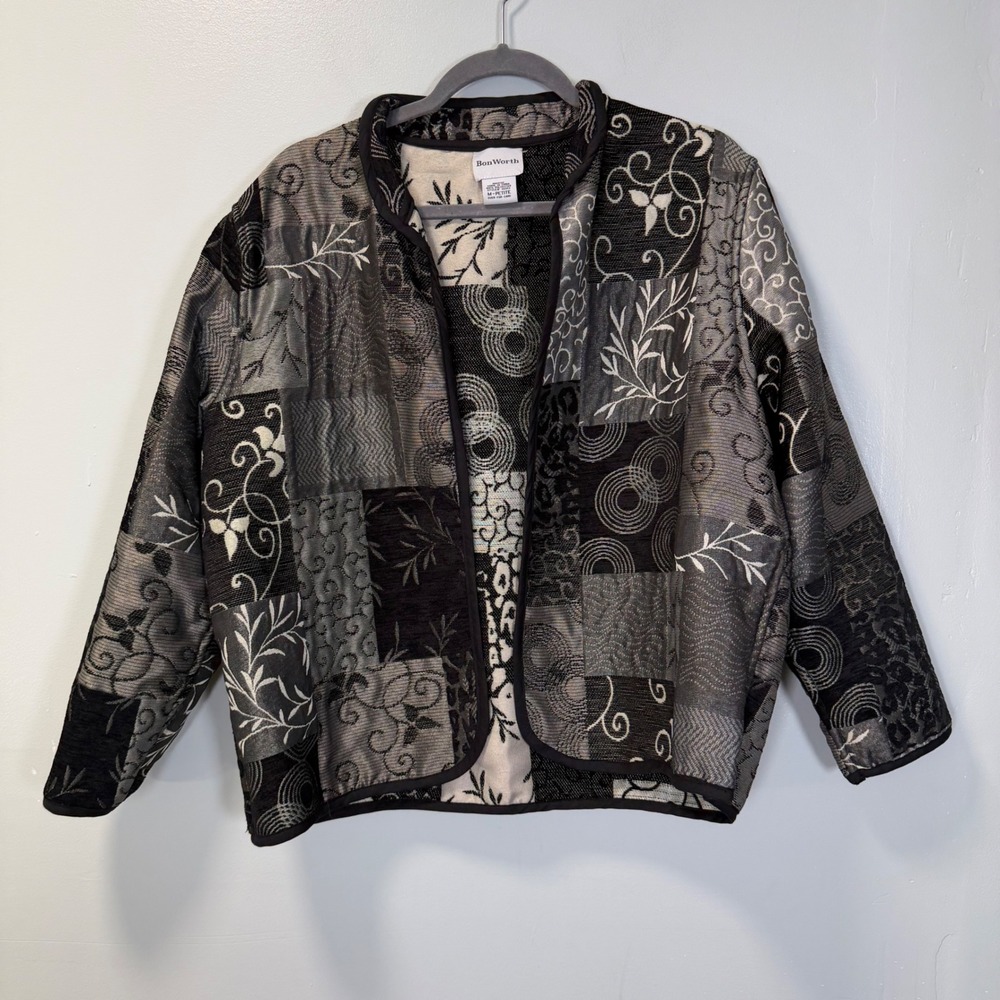 BonWorth Womens Petite Medium Patchwork Tapestry Jacket Black Silver Gray 32352